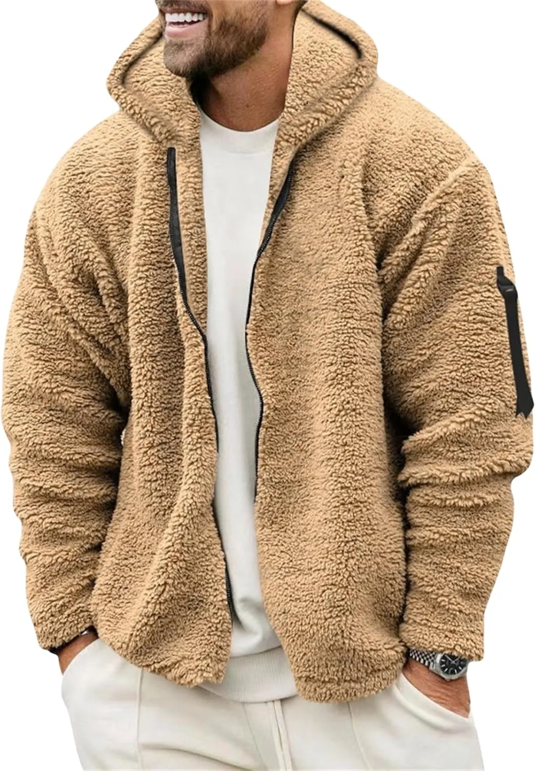 Mens Fleece Hooded Jackets Lapel Long Sleeves Zip up Coats Casual Plain Sweaters Loose Warm Fall Winter New Tops