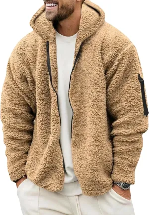 Mens Fleece Hooded Jackets Lapel Long Sleeves Zip up Coats Casual Plain Sweaters Loose Warm Fall Winter New Tops