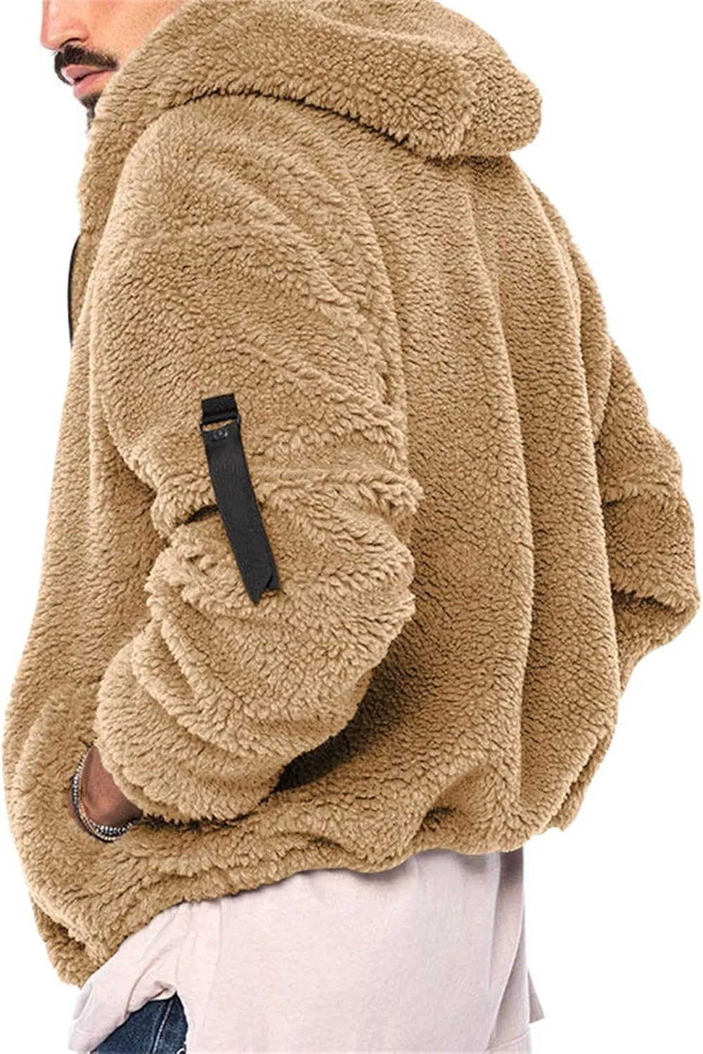 Mens Fleece Hooded Jackets Lapel Long Sleeves Zip up Coats Casual Plain Sweaters Loose Warm Fall Winter New Tops