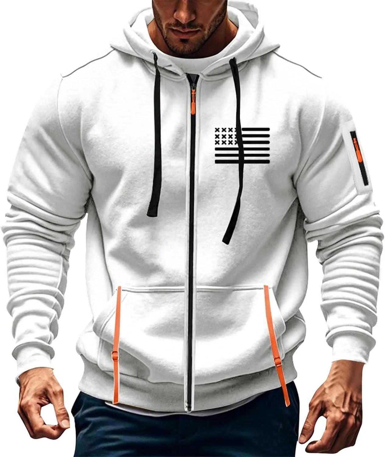 Mens Full Zip American Flag Print Hoodie Army Long Sleeve Drawstring Shirt Soft Patriotic Sweatshirt with Pockets