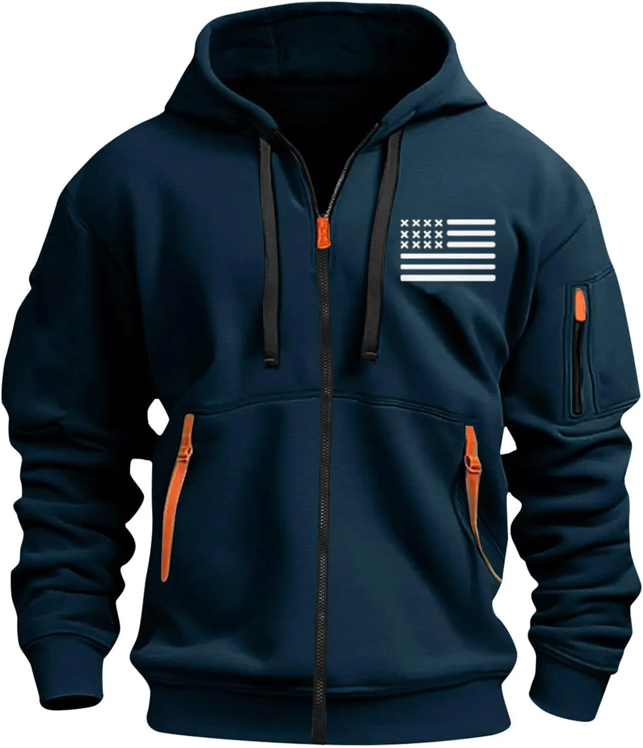Mens Full Zip American Flag Print Hoodie Army Long Sleeve Drawstring Shirt Soft Patriotic Sweatshirt with Pockets