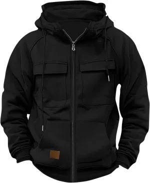 Men's Full-Zip Hoodie with Multiple Pockets, Soft Fleece, Adjustable Drawstring Hood, Casual Wear