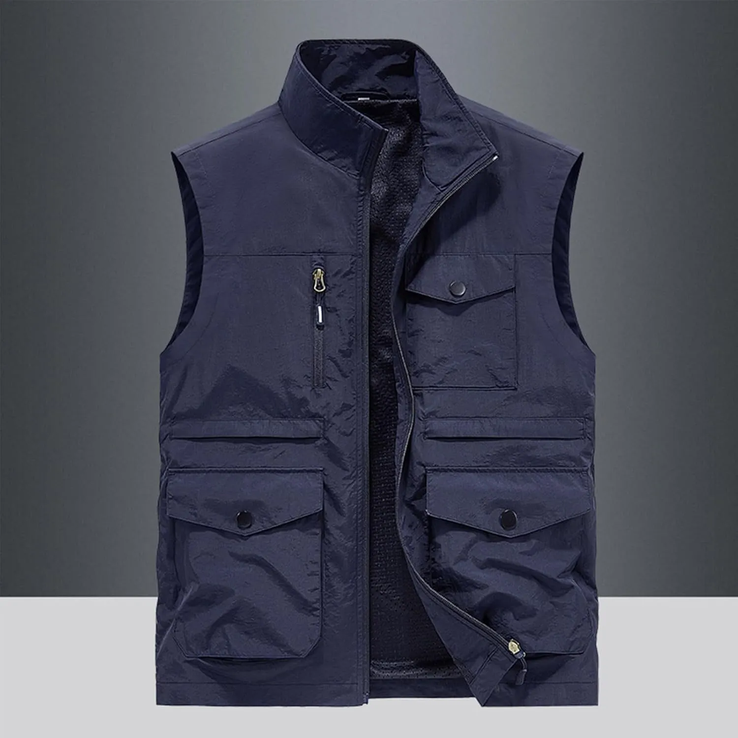 Mens Full-Zip Utility Work Vest Outdoor Sleeveless Softshell Jacket Multi-Pockets Cargo Vest for Fishing Photo Travel