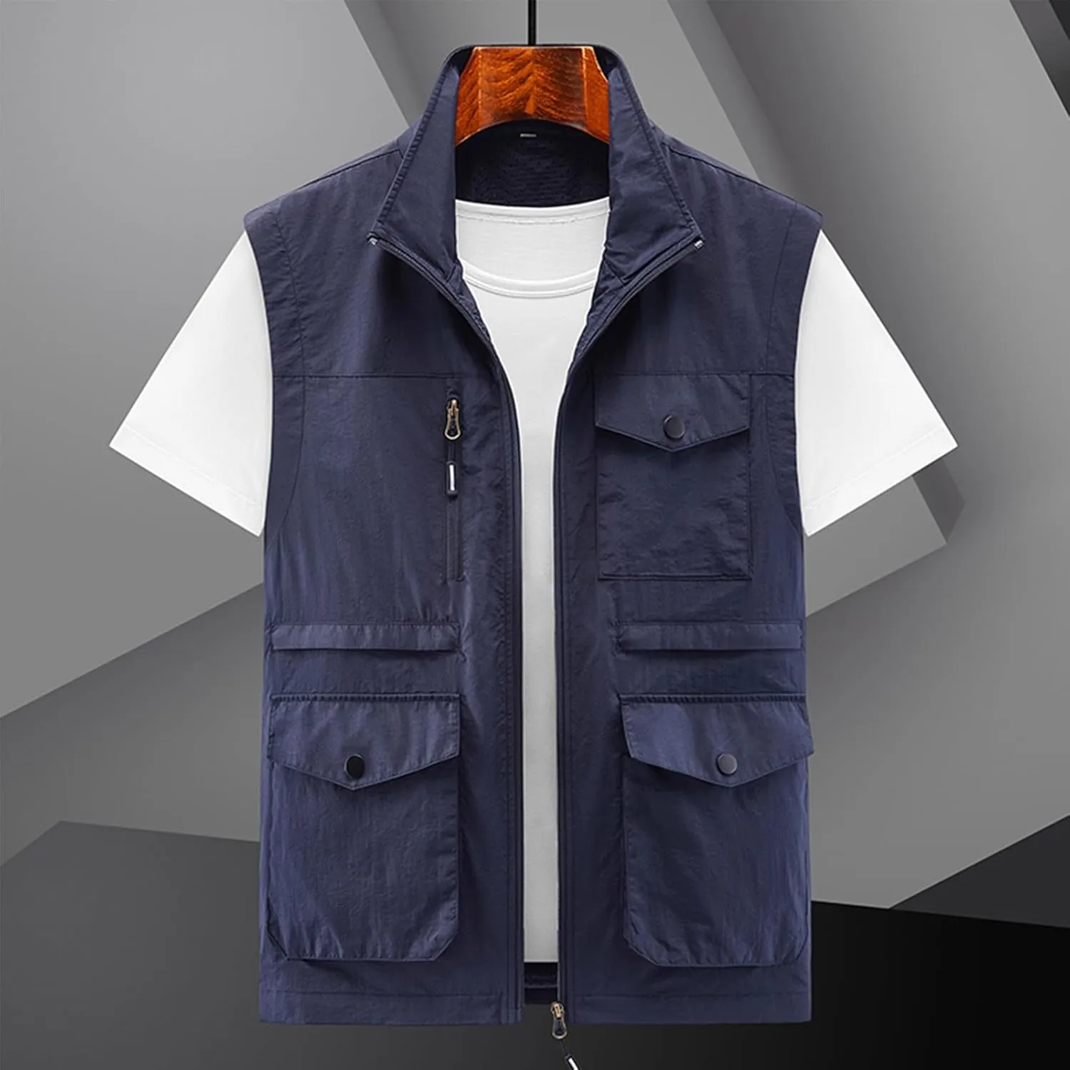 Mens Full-Zip Utility Work Vest Outdoor Sleeveless Softshell Jacket Multi-Pockets Cargo Vest for Fishing Photo Travel