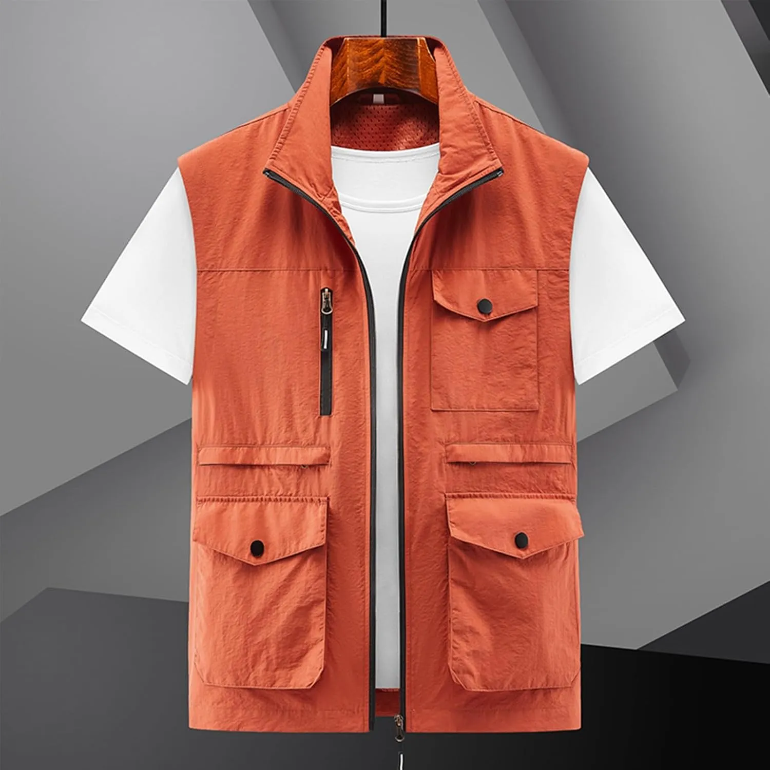 Mens Full-Zip Utility Work Vest Outdoor Sleeveless Softshell Jacket Multi-Pockets Cargo Vest for Fishing Photo Travel