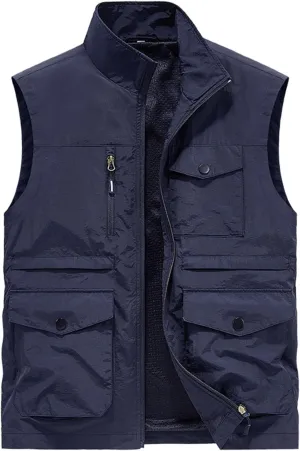 Mens Full-Zip Utility Work Vest Outdoor Sleeveless Softshell Jacket Multi-Pockets Cargo Vest for Fishing Photo Travel