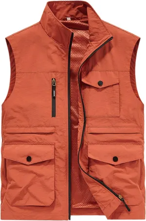 Mens Full-Zip Utility Work Vest Outdoor Sleeveless Softshell Jacket Multi-Pockets Cargo Vest for Fishing Photo Travel