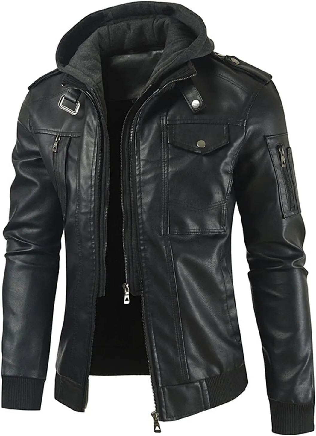 Men's Hooded Leather Coats Fall Winter Motorcycle PU Leather Jackets with Hood, Casual Stylish Zip Up Outerwear
