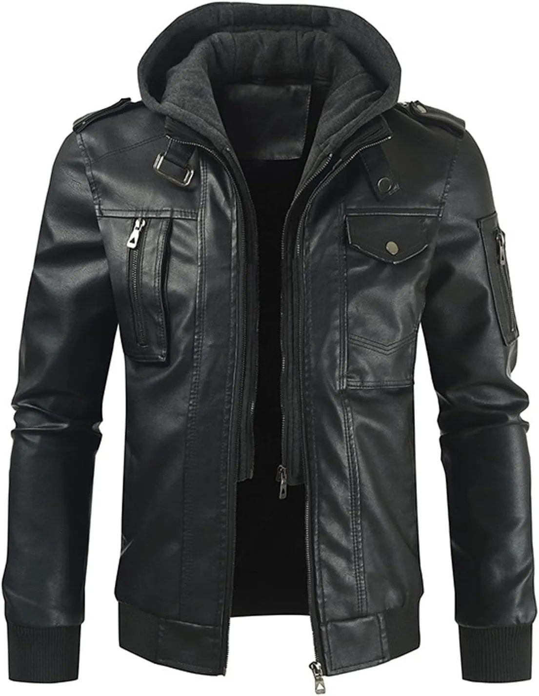 Men's Hooded Leather Coats Fall Winter Motorcycle PU Leather Jackets with Hood, Casual Stylish Zip Up Outerwear