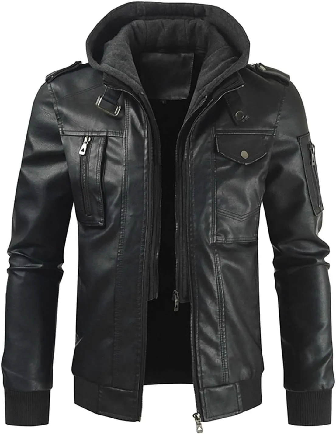 Men's Hooded Leather Coats Fall Winter Motorcycle PU Leather Jackets with Hood, Casual Stylish Zip Up Outerwear