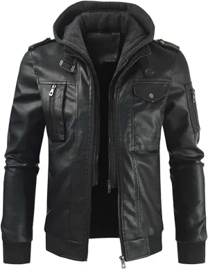 Men's Hooded Leather Coats Fall Winter Motorcycle PU Leather Jackets with Hood, Casual Stylish Zip Up Outerwear