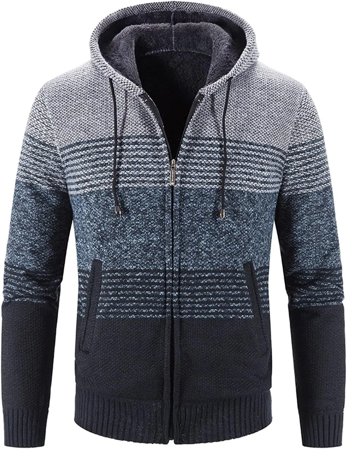 Mens Hooded Sweater Jacket Winter Warm Long Sleeve Full Zip Knitted Jackets Coats Vintage Striped Cardigan Sweaters