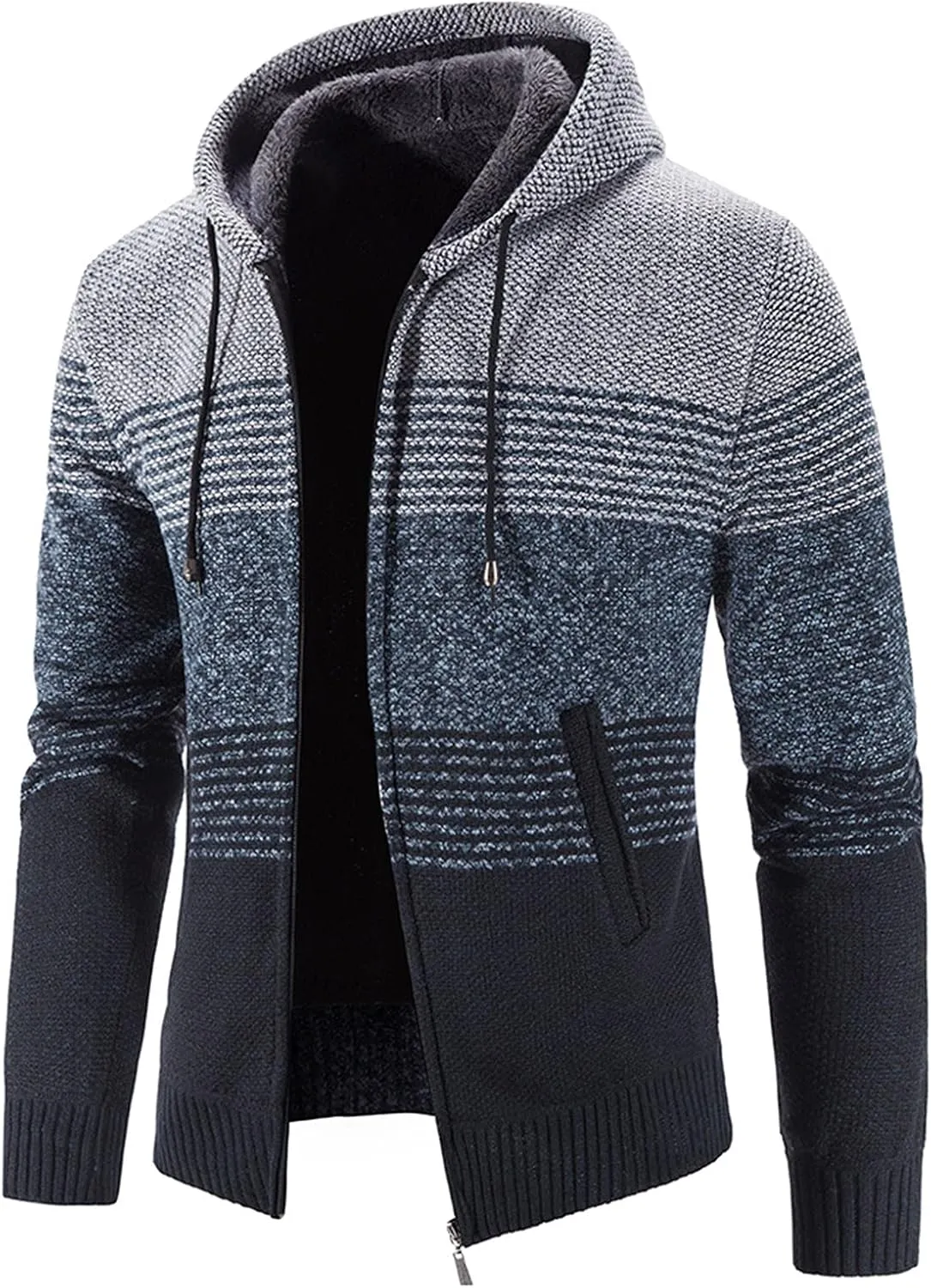 Mens Hooded Sweater Jacket Winter Warm Long Sleeve Full Zip Knitted Jackets Coats Vintage Striped Cardigan Sweaters