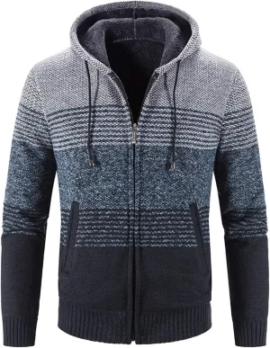Mens Hooded Sweater Jacket Winter Warm Long Sleeve Full Zip Knitted Jackets Coats Vintage Striped Cardigan Sweaters