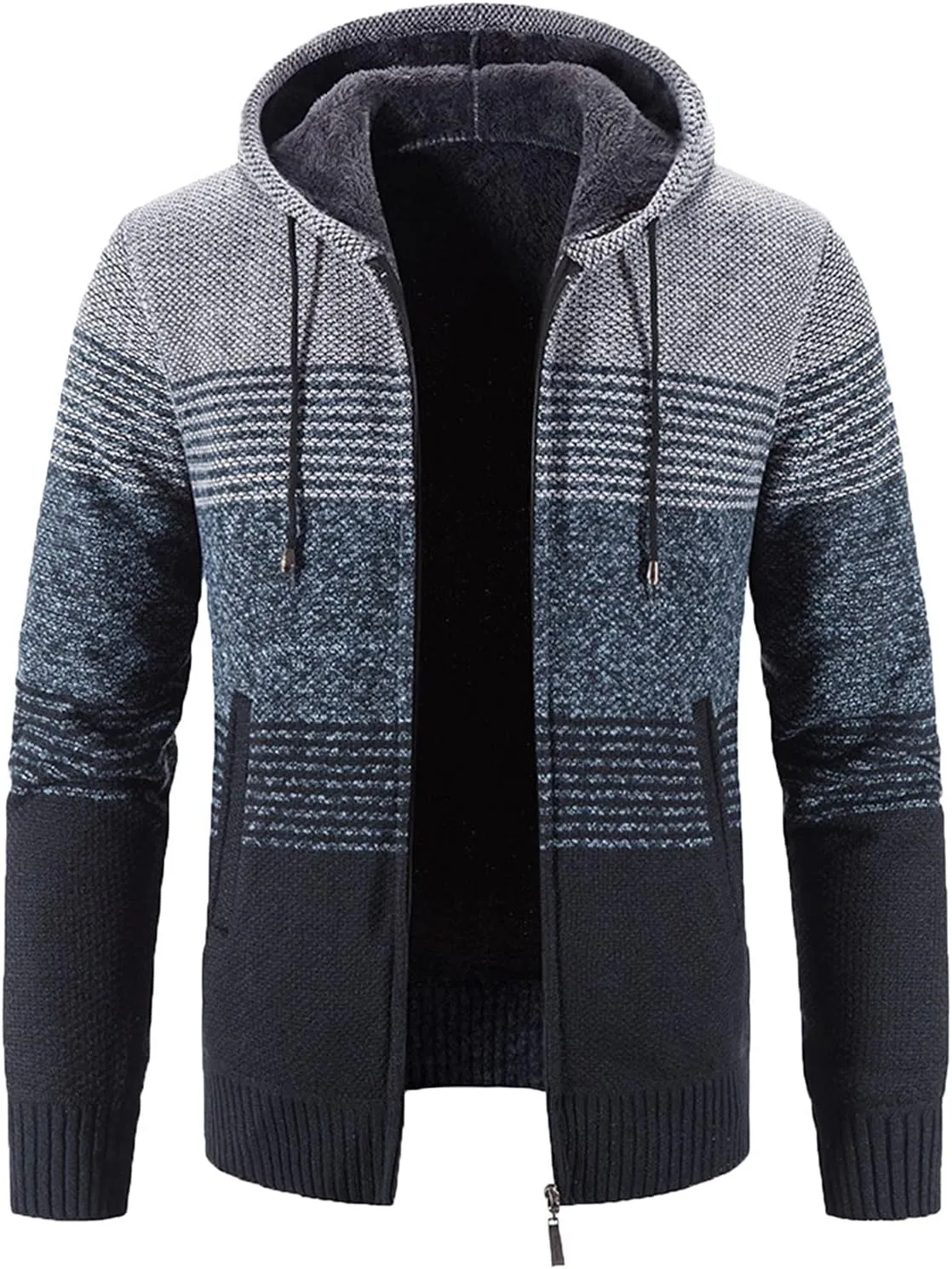 Mens Hooded Sweater Jacket Winter Warm Long Sleeve Full Zip Knitted Jackets Coats Vintage Striped Cardigan Sweaters