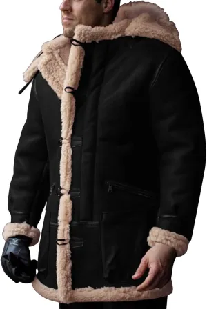 Mens Hooded Winter Sheepskin Jacket Faux Suede Leather Long Trench Coat Outdoor Shearling Leather Sherpa Lined Coat