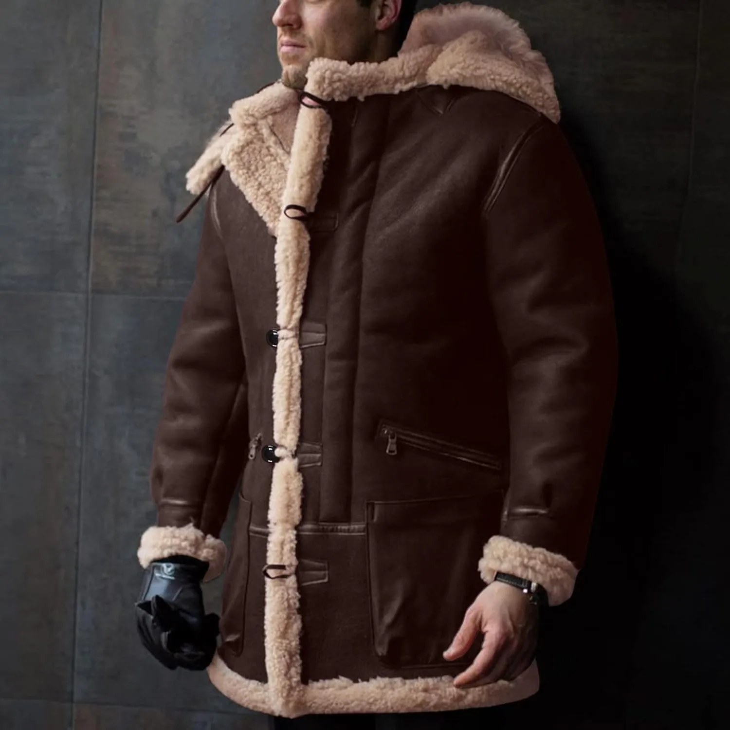 Mens Hooded Winter Sheepskin Jacket Faux Suede Leather Long Trench Coat Outdoor Shearling Leather Sherpa Lined Coat