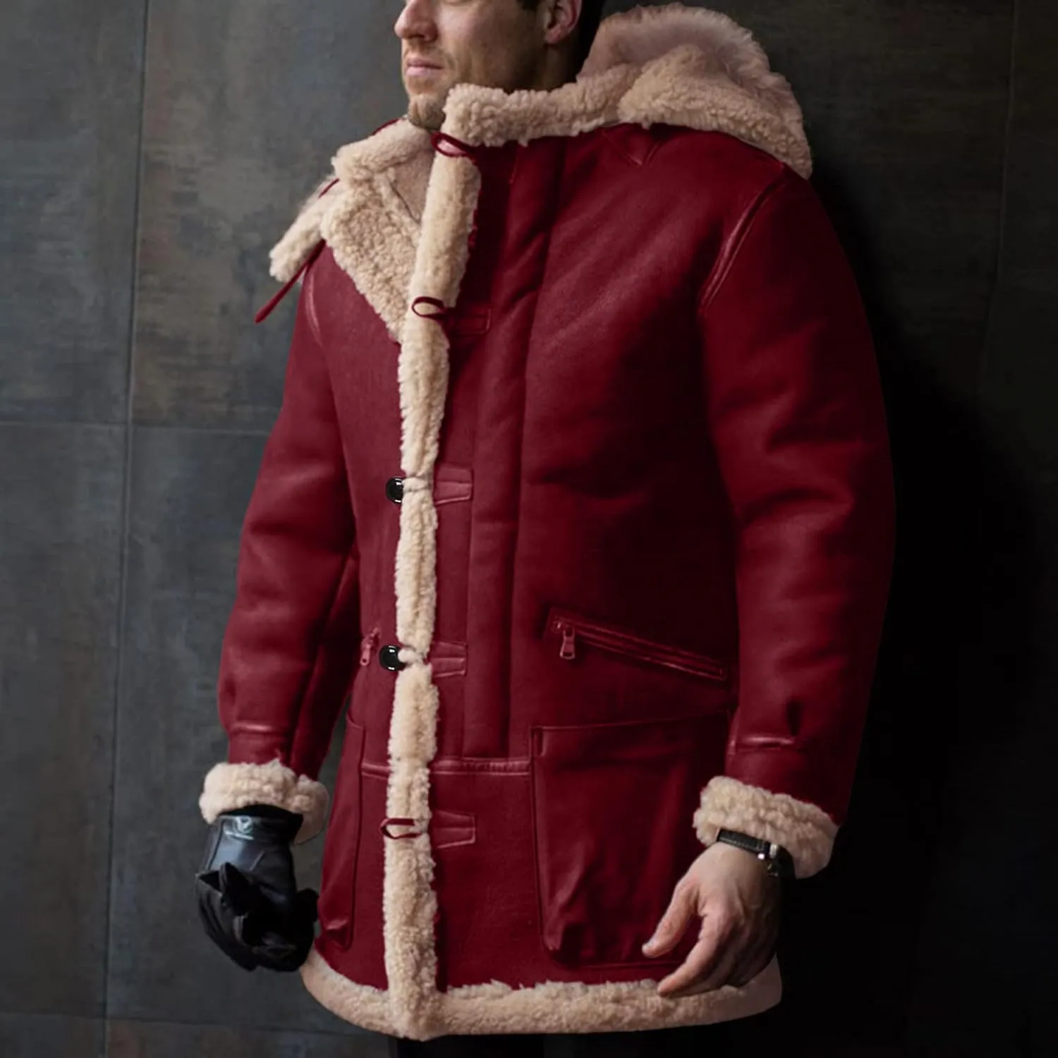 Mens Hooded Winter Sheepskin Jacket Faux Suede Leather Long Trench Coat Outdoor Shearling Leather Sherpa Lined Coat