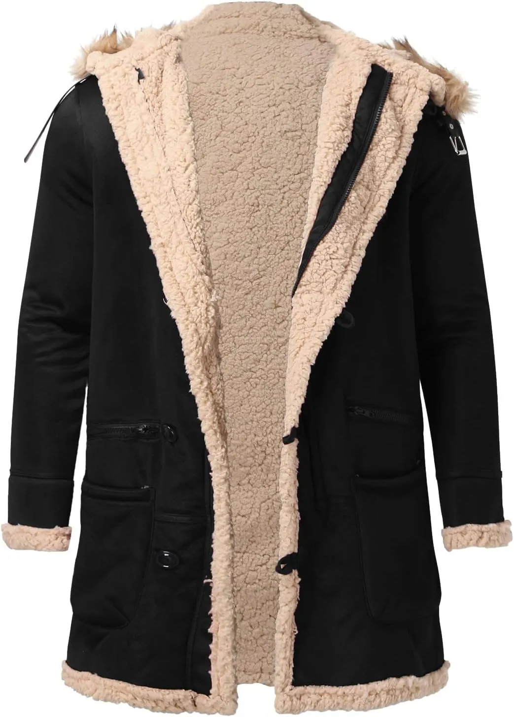 Mens Hooded Winter Sheepskin Jacket Faux Suede Leather Long Trench Coat Outdoor Shearling Leather Sherpa Lined Coat