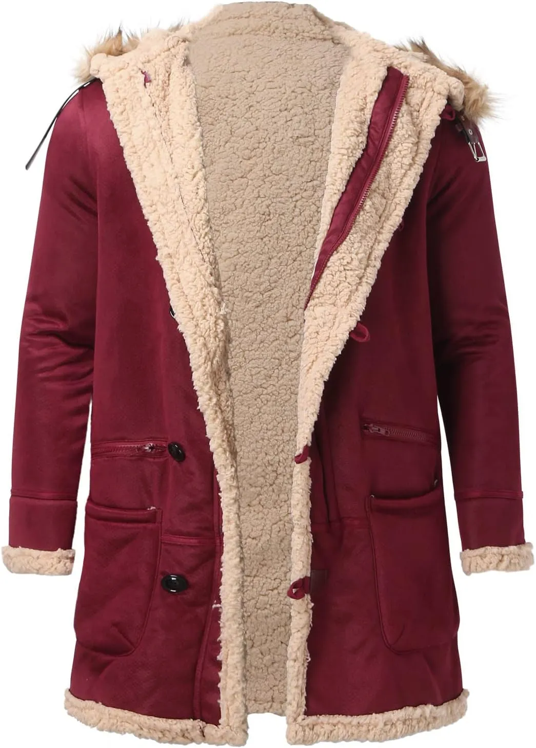 Mens Hooded Winter Sheepskin Jacket Faux Suede Leather Long Trench Coat Outdoor Shearling Leather Sherpa Lined Coat