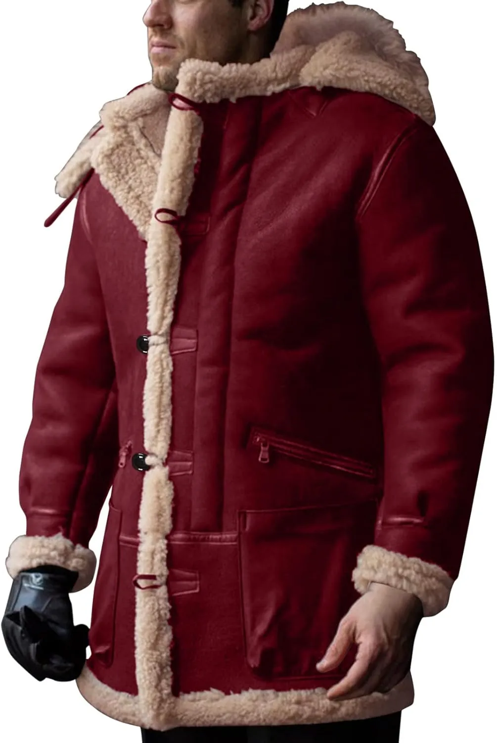 Mens Hooded Winter Sheepskin Jacket Faux Suede Leather Long Trench Coat Outdoor Shearling Leather Sherpa Lined Coat