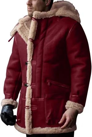 Mens Hooded Winter Sheepskin Jacket Faux Suede Leather Long Trench Coat Outdoor Shearling Leather Sherpa Lined Coat