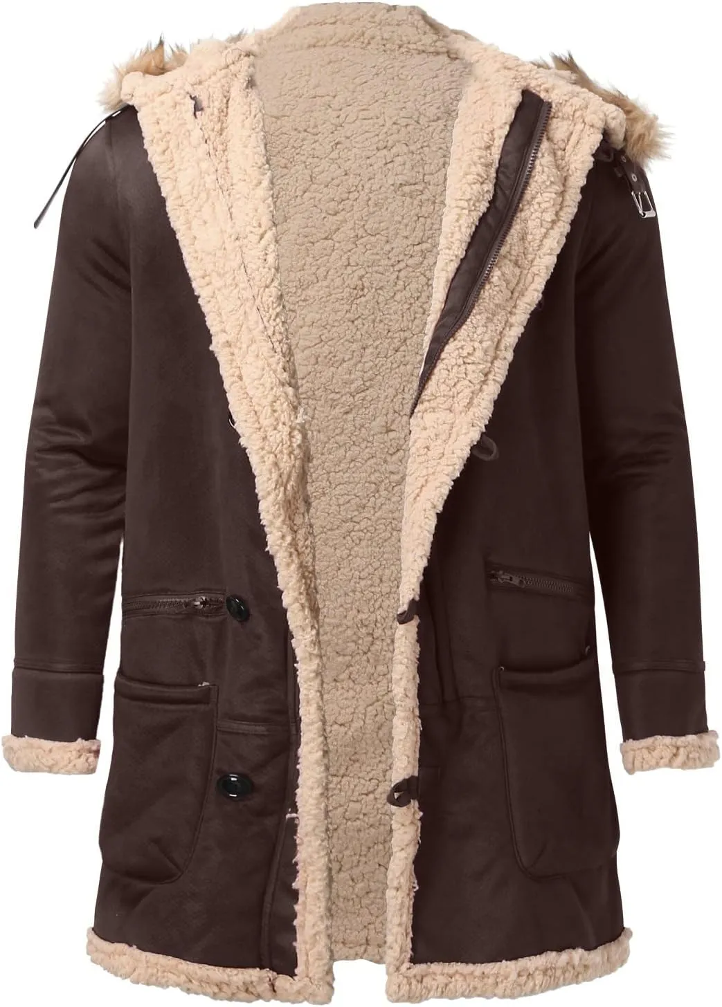 Mens Hooded Winter Sheepskin Jacket Faux Suede Leather Long Trench Coat Outdoor Shearling Leather Sherpa Lined Coat