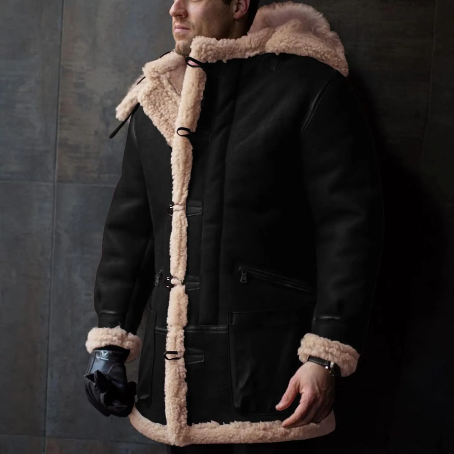 Mens Hooded Winter Sheepskin Jacket Faux Suede Leather Long Trench Coat Outdoor Shearling Leather Sherpa Lined Coat