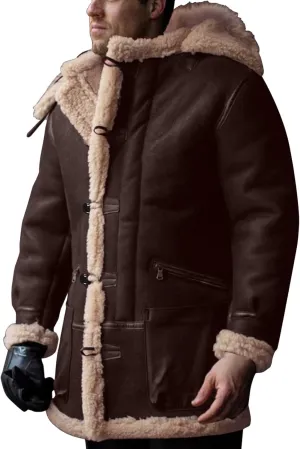 Mens Hooded Winter Sheepskin Jacket Faux Suede Leather Long Trench Coat Outdoor Shearling Leather Sherpa Lined Coat