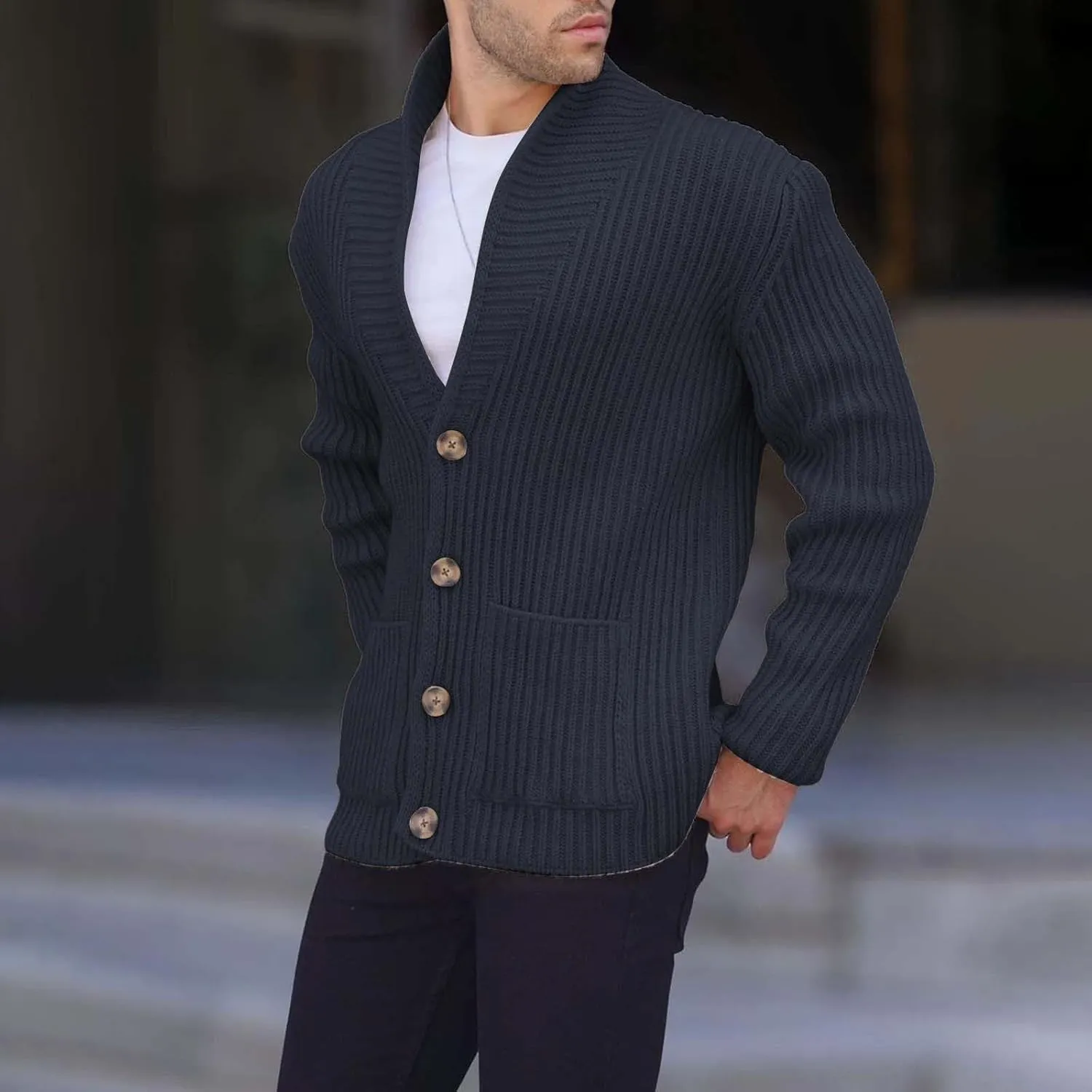 Mens Knitted Cardigan Jackets Button Up Coat Slim Fit Long Sleeve Chunky Shawl Stand Collar Sweater with Pockets