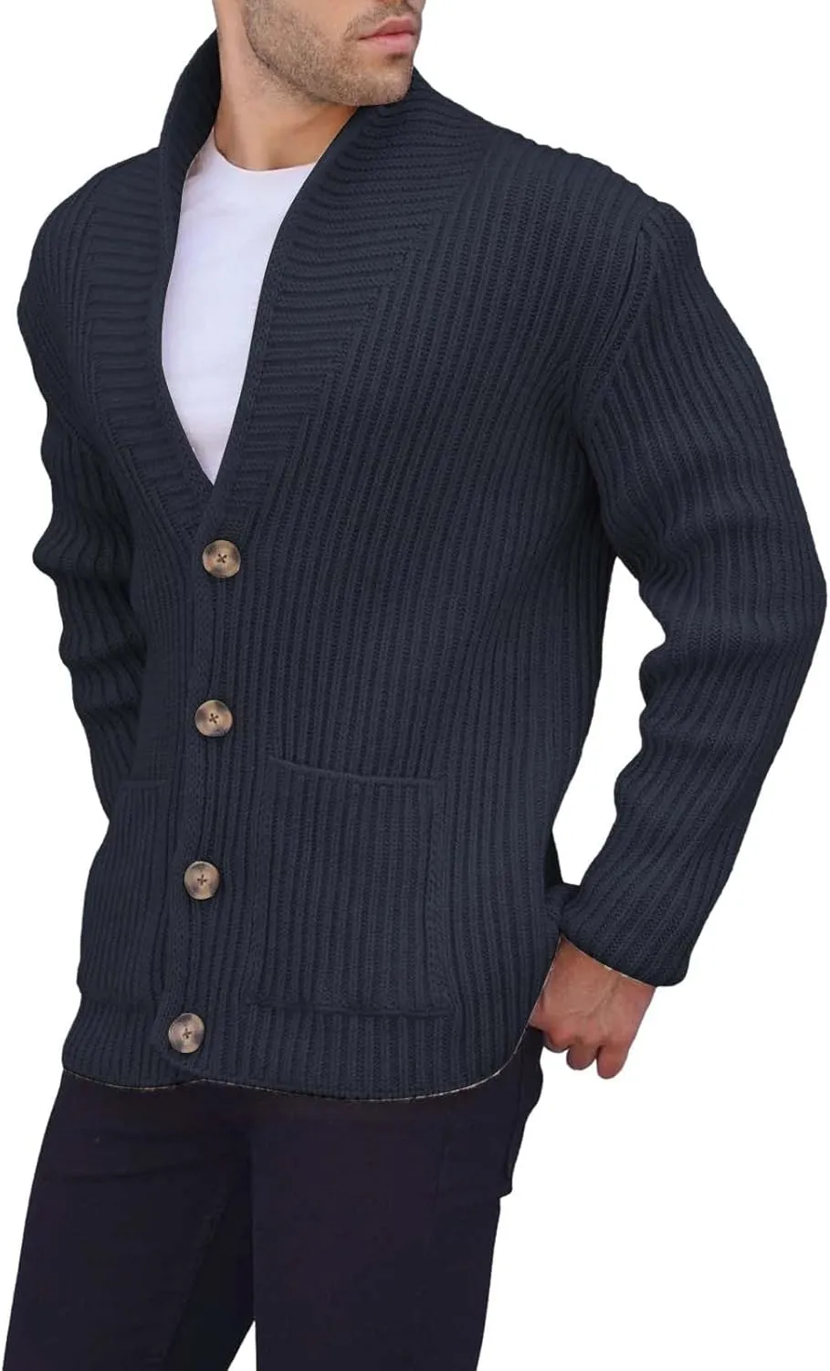 Mens Knitted Cardigan Jackets Button Up Coat Slim Fit Long Sleeve Chunky Shawl Stand Collar Sweater with Pockets