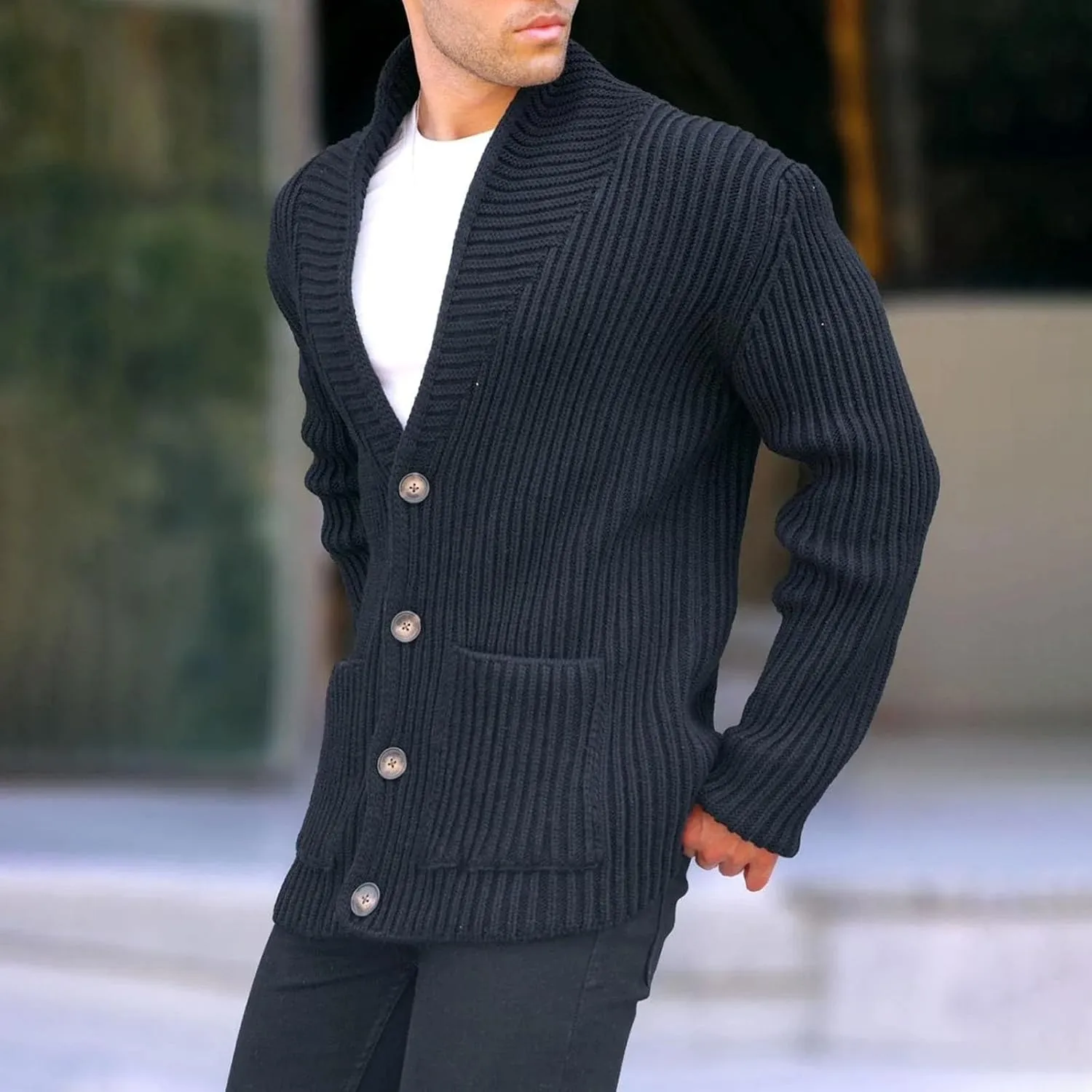 Mens Knitted Cardigan Jackets Button Up Coat Slim Fit Long Sleeve Chunky Shawl Stand Collar Sweater with Pockets