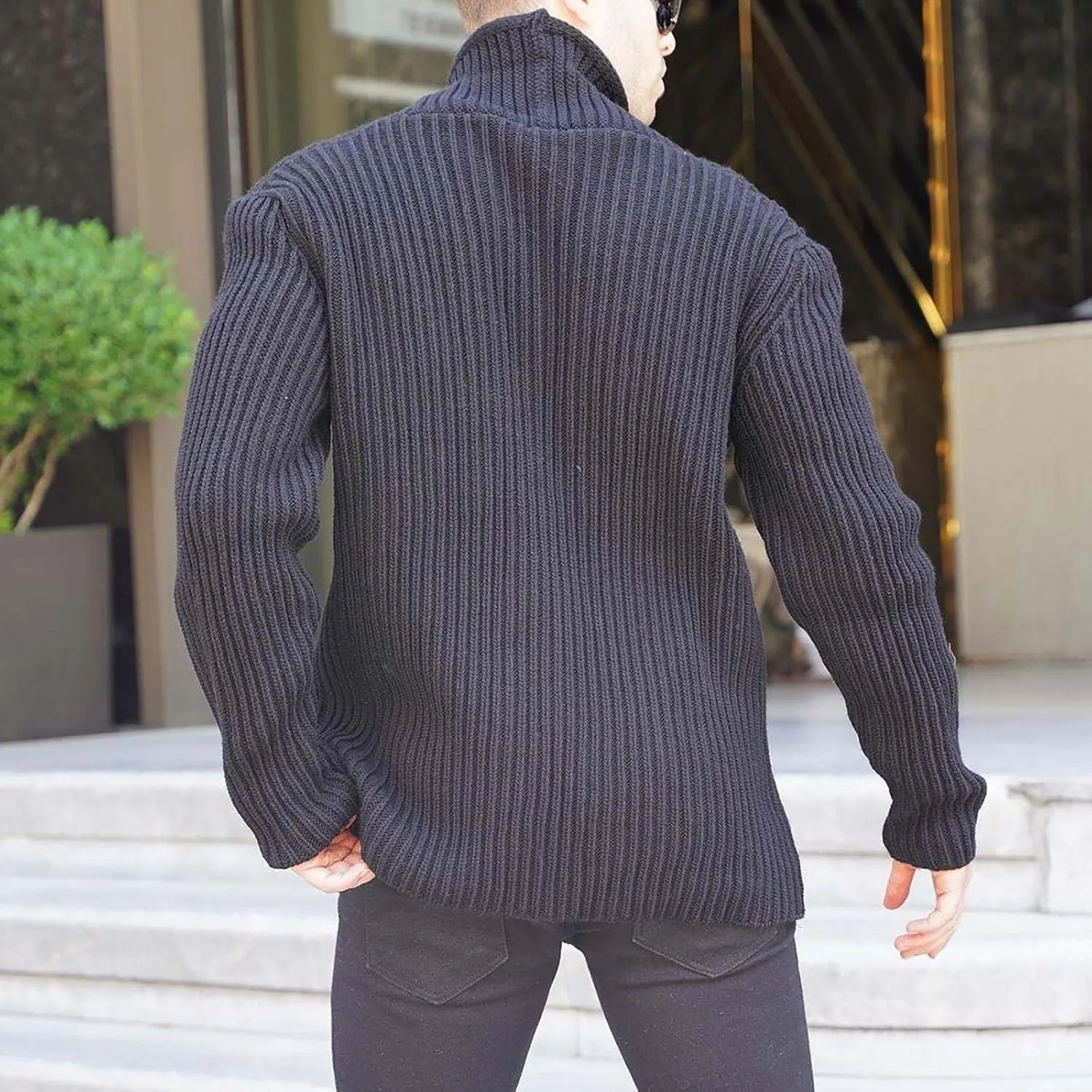 Mens Knitted Cardigan Jackets Button Up Coat Slim Fit Long Sleeve Chunky Shawl Stand Collar Sweater with Pockets