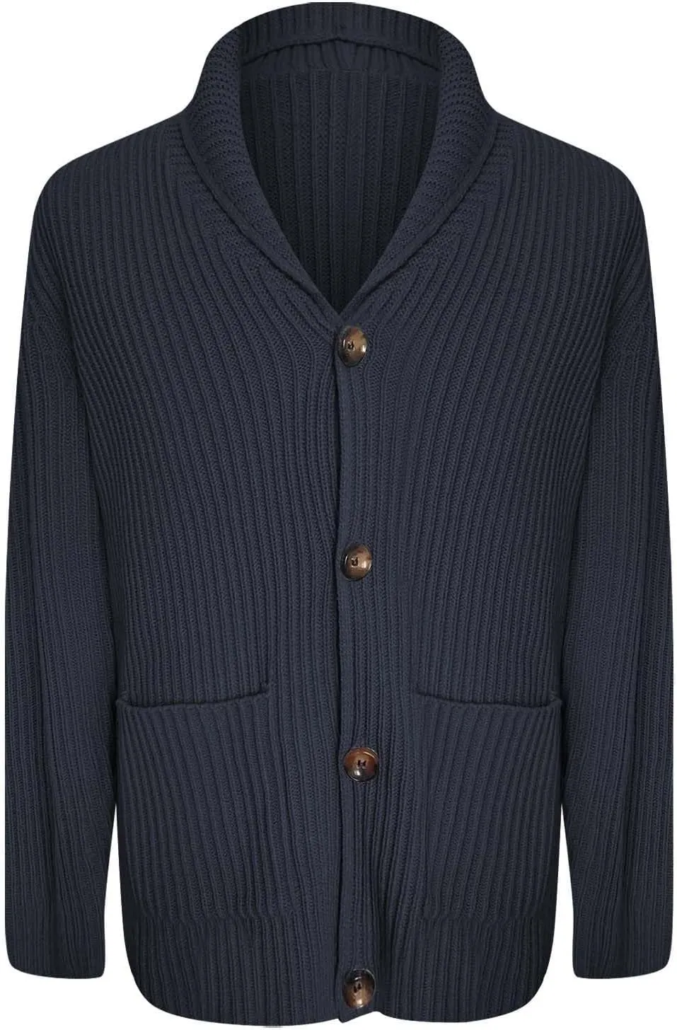Mens Knitted Cardigan Jackets Button Up Coat Slim Fit Long Sleeve Chunky Shawl Stand Collar Sweater with Pockets