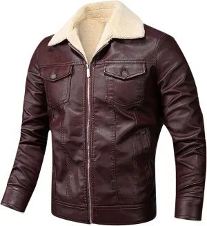 Men's Lapel Zip Up Fleece Lined Bomber Faux Leather Jacket Motorcycle Leather Sherpa Jackets Casual Winter Warm Coat