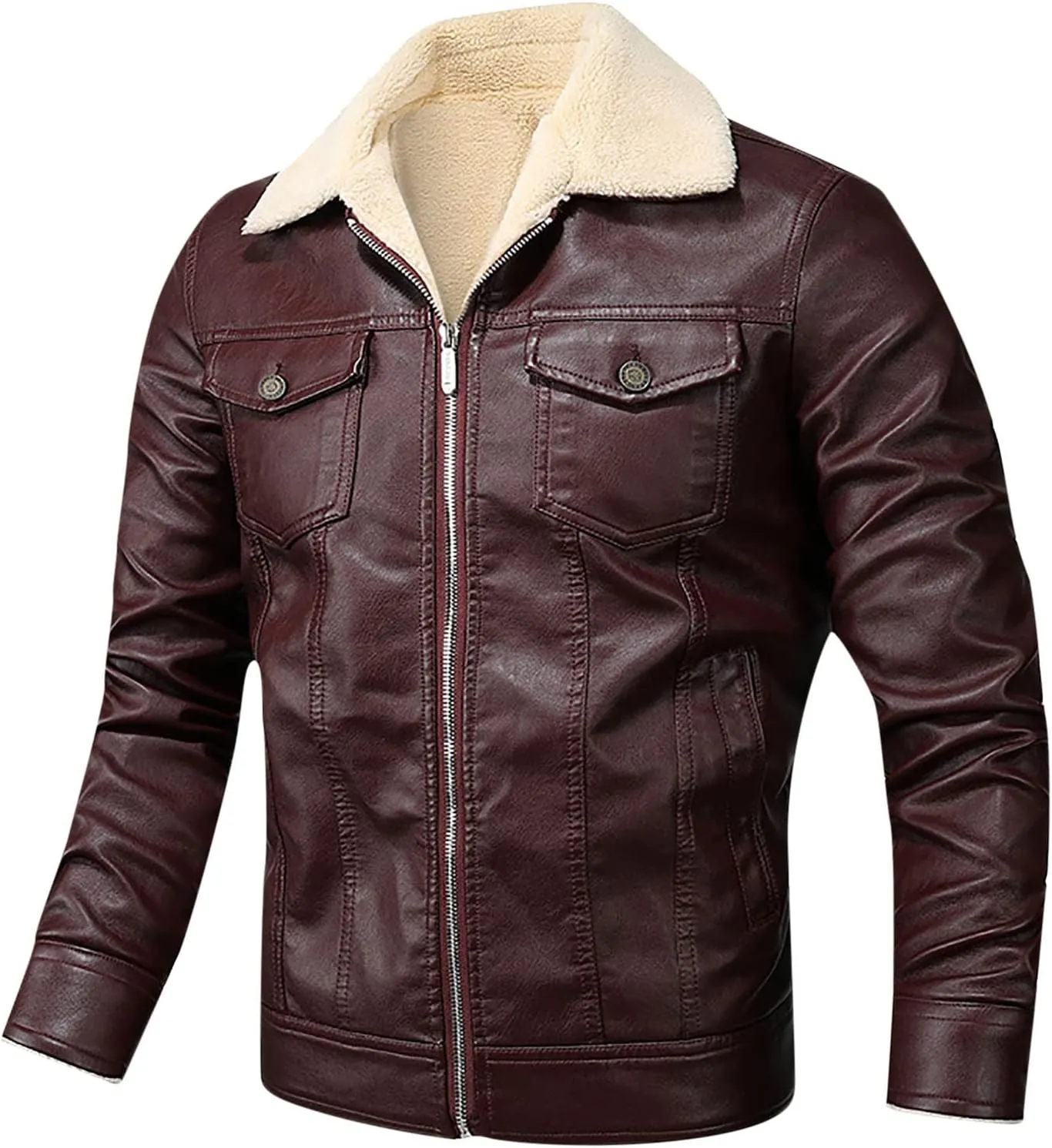 Men's Lapel Zip Up Fleece Lined Bomber Faux Leather Jacket Motorcycle Leather Sherpa Jackets Casual Winter Warm Coat