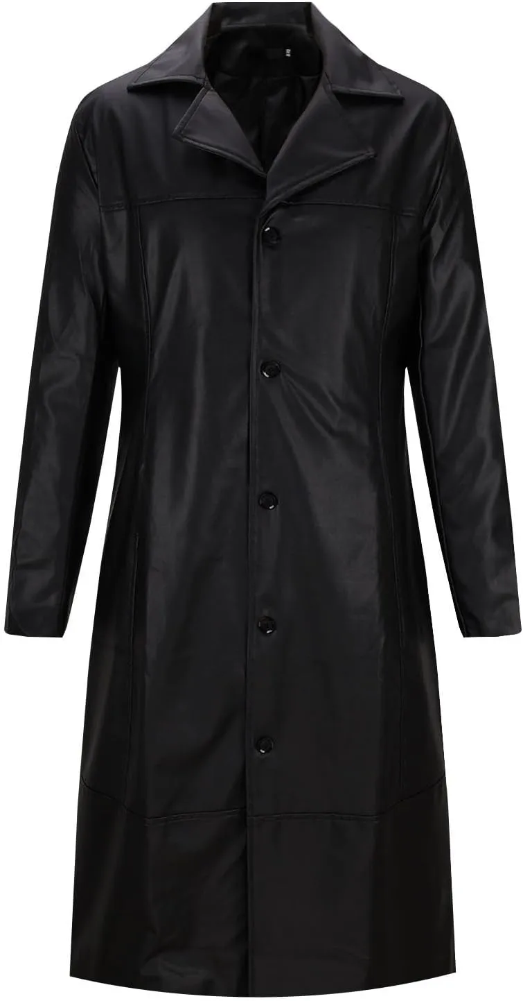 Mens Long Faux Leather Jacket Fashion Windbreaker Trench Coat Long Sleeve Lapel PU Leather Motorcycle Biker Jacket