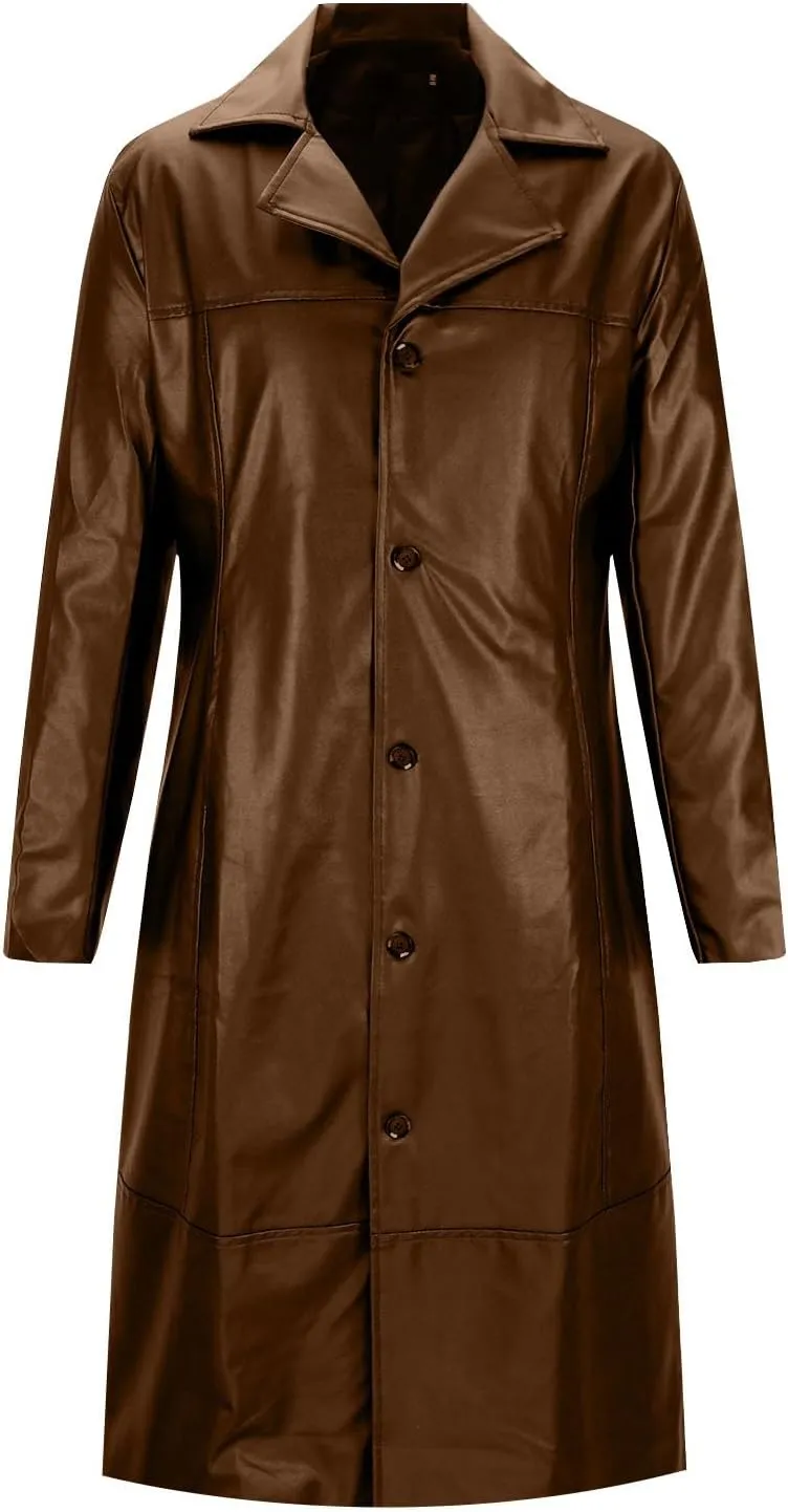 Mens Long Faux Leather Jacket Fashion Windbreaker Trench Coat Long Sleeve Lapel PU Leather Motorcycle Biker Jacket