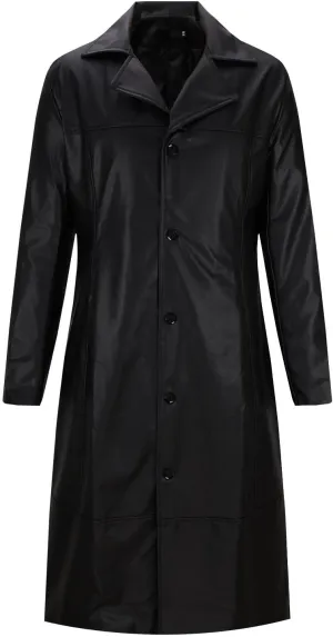 Mens Long Faux Leather Jacket Fashion Windbreaker Trench Coat Long Sleeve Lapel PU Leather Motorcycle Biker Jacket