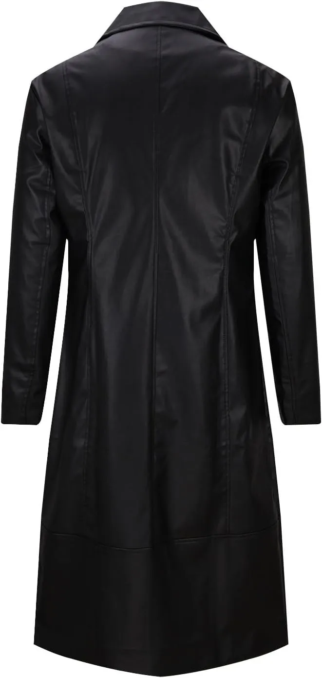 Mens Long Faux Leather Jacket Fashion Windbreaker Trench Coat Long Sleeve Lapel PU Leather Motorcycle Biker Jacket