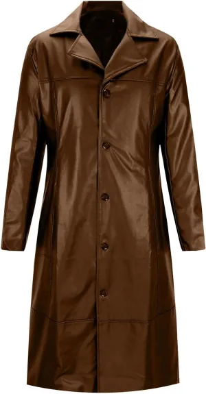 Mens Long Faux Leather Jacket Fashion Windbreaker Trench Coat Long Sleeve Lapel PU Leather Motorcycle Biker Jacket