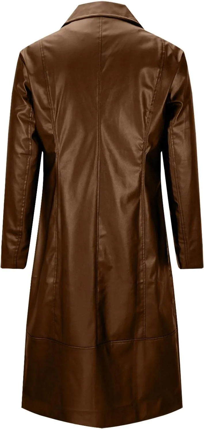 Mens Long Faux Leather Jacket Fashion Windbreaker Trench Coat Long Sleeve Lapel PU Leather Motorcycle Biker Jacket