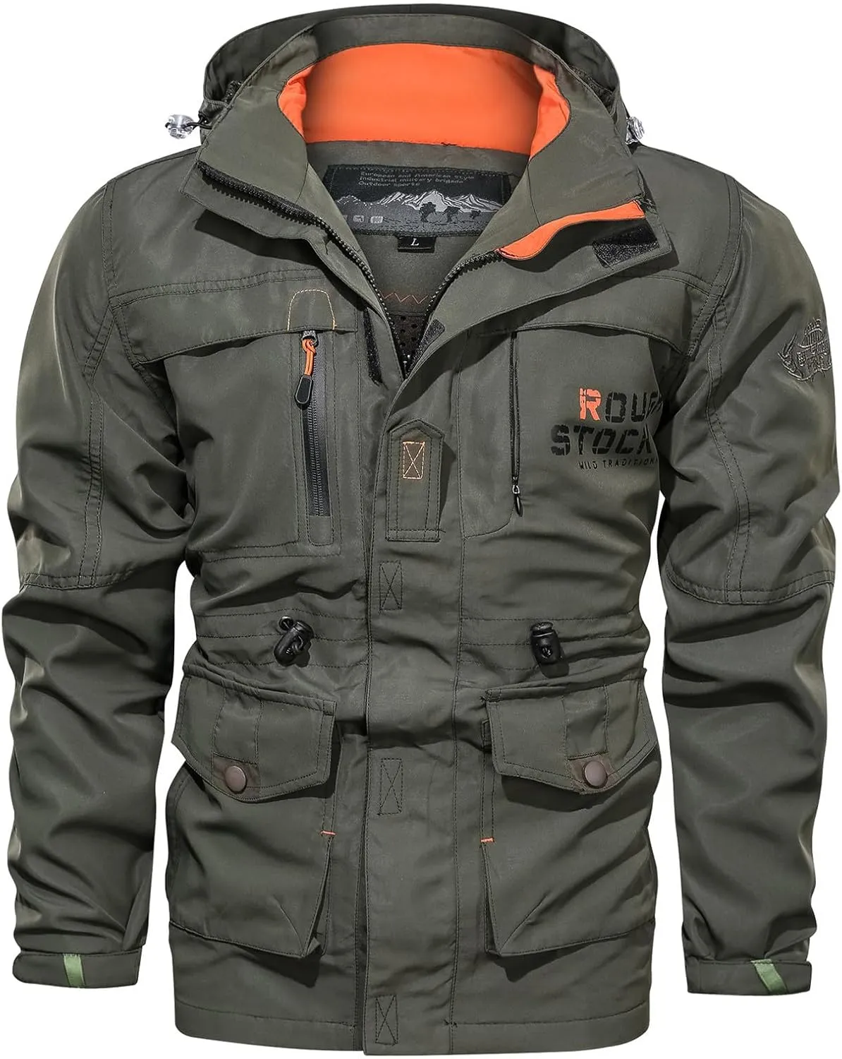 Men's Military Style Jacket Utility Hooded Lightweight Mid-Long Bomber Work Jackets Casual Outwear with Multi Pockets