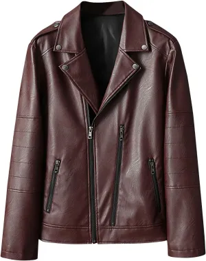 Men's Motorcycle Biker Riding Black Leather Jacket Asymmetric Zip Notch Lapel Collar Coat Lightweight Casual Jackets