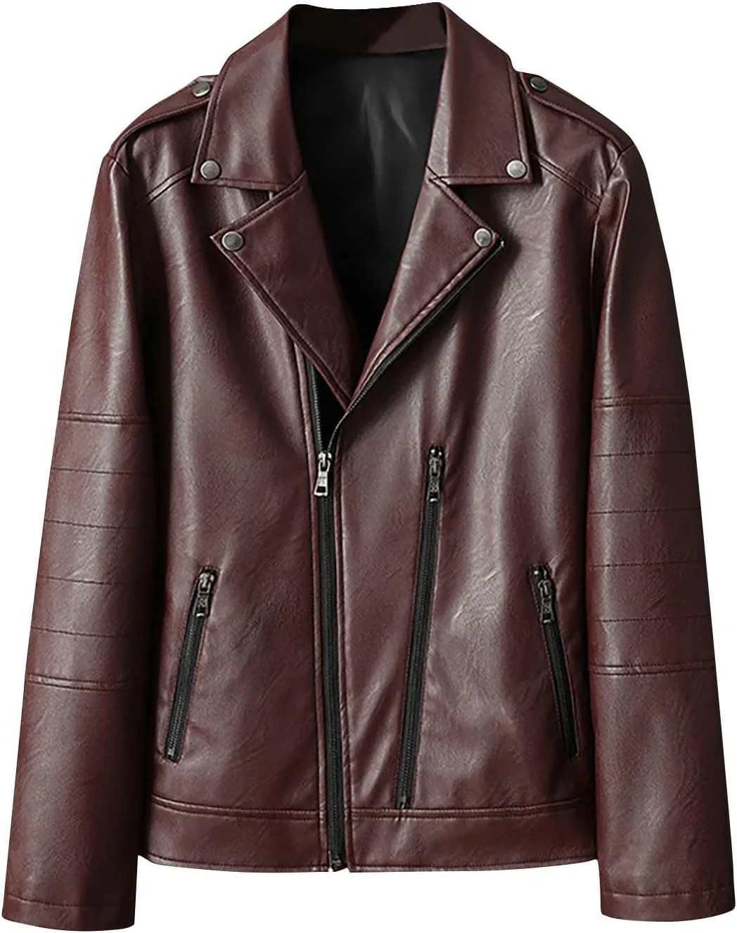 Men's Motorcycle Biker Riding Black Leather Jacket Asymmetric Zip Notch Lapel Collar Coat Lightweight Casual Jackets