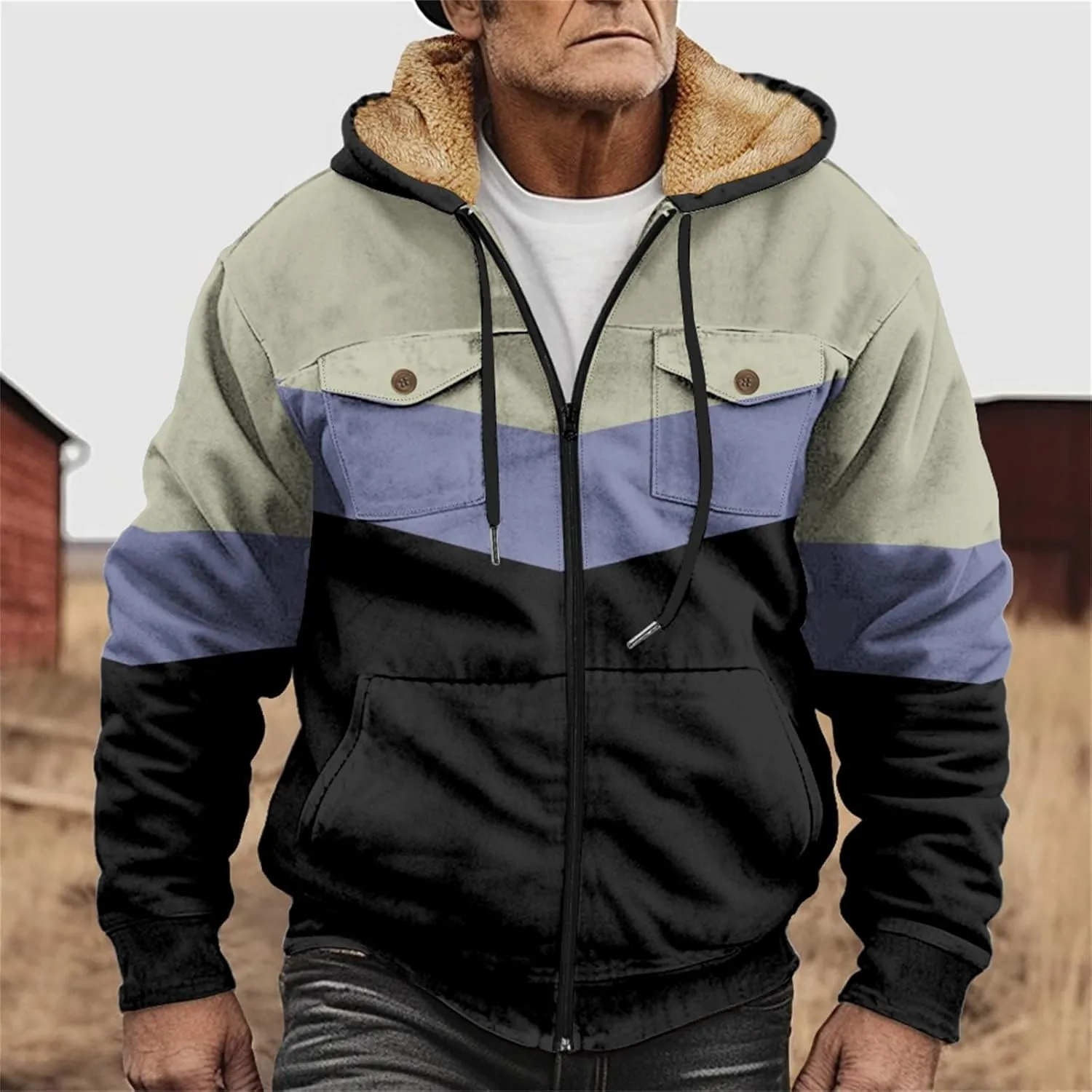 Men's Oversized Jackets Full Zip Thicken Fleece Sherpa Lined Winter Hooded Work Utility Jacket Warm Coat with Pockets