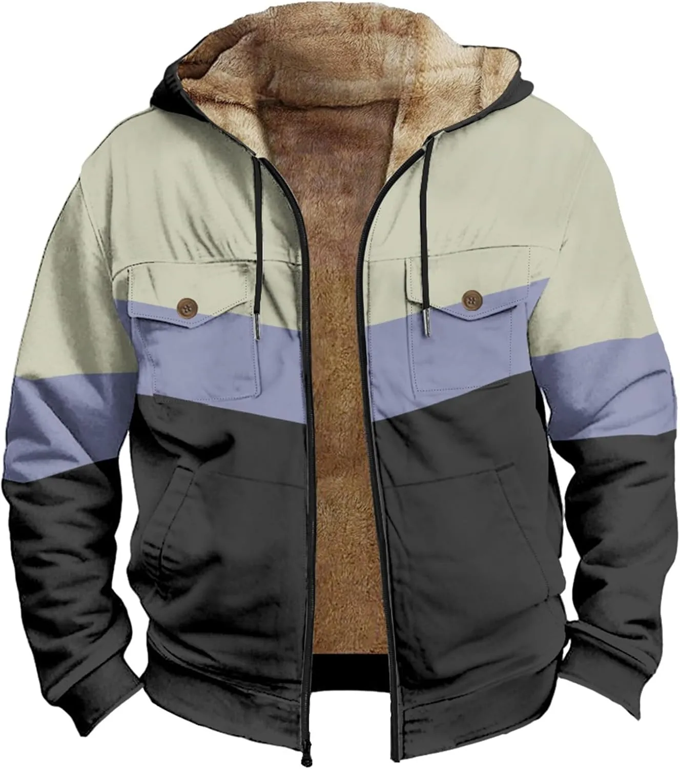 Men's Oversized Jackets Full Zip Thicken Fleece Sherpa Lined Winter Hooded Work Utility Jacket Warm Coat with Pockets