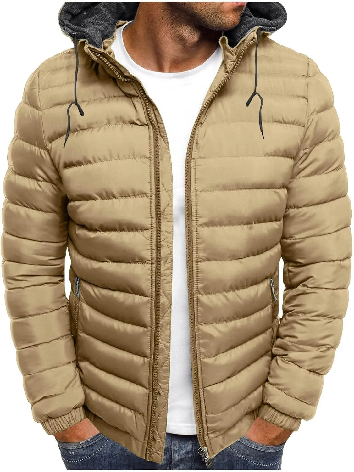 Men's Packable Puffer Jacket Waterproof Hooded Down Coats Quilted Warm Winter Jackets with Zipper Pockets
