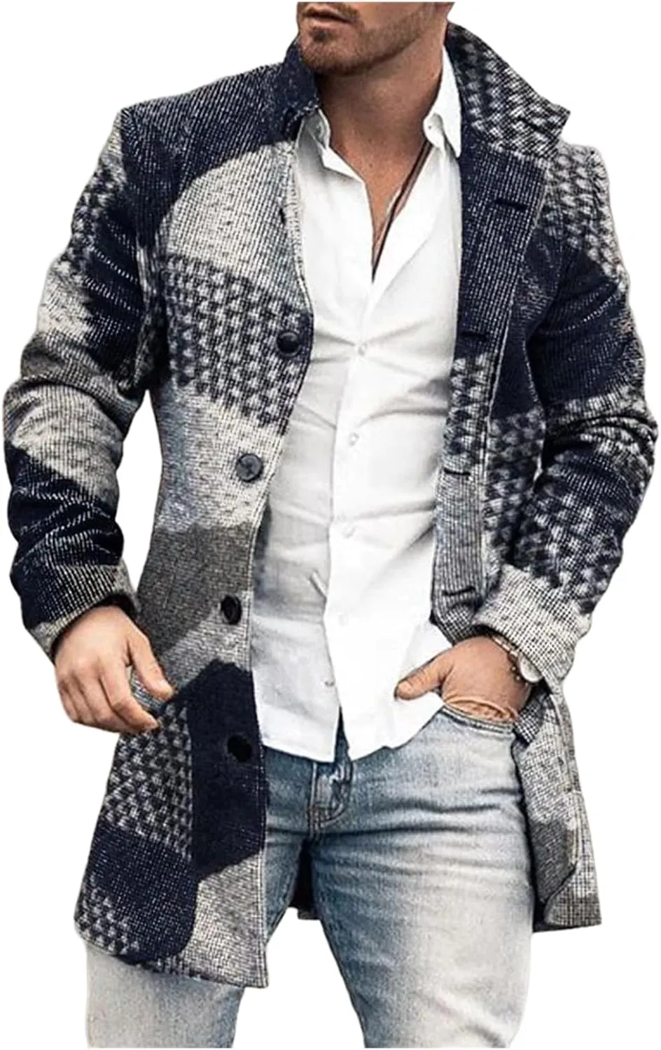 Men's Plaid Trench Coat Lapel Collar Mid Long Jacket Single Breasted Long Overcoat Classic Stylish Business Coat Tops
