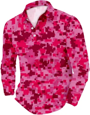Mens Polo Shirts Camo Quarter Button Shirts Casual Classic Lightweight Long Sleeve Golf Collared Shirt Athletic Tops